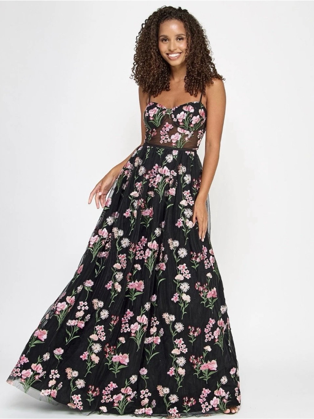 City Studio Black Maxi Dress With Pink & Green Floral Embroidery
